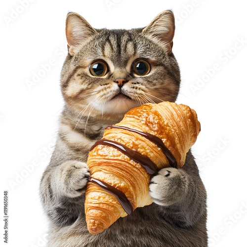 Cat holds chocolate croissant with a surprised expression in a playful indoor setting photo