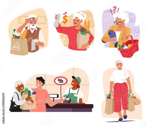 Diverse old people characters feeling different emotion during shopping at supermarket isolated set