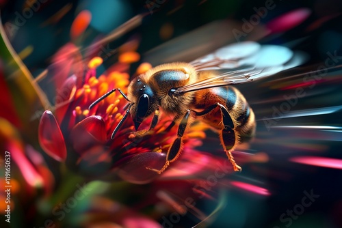 Bee pollinating flower, vibrant colors, macro shot, nature