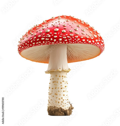 : Red-capped fly agaric mushroom with noticeable white spots isolated on transparent background.