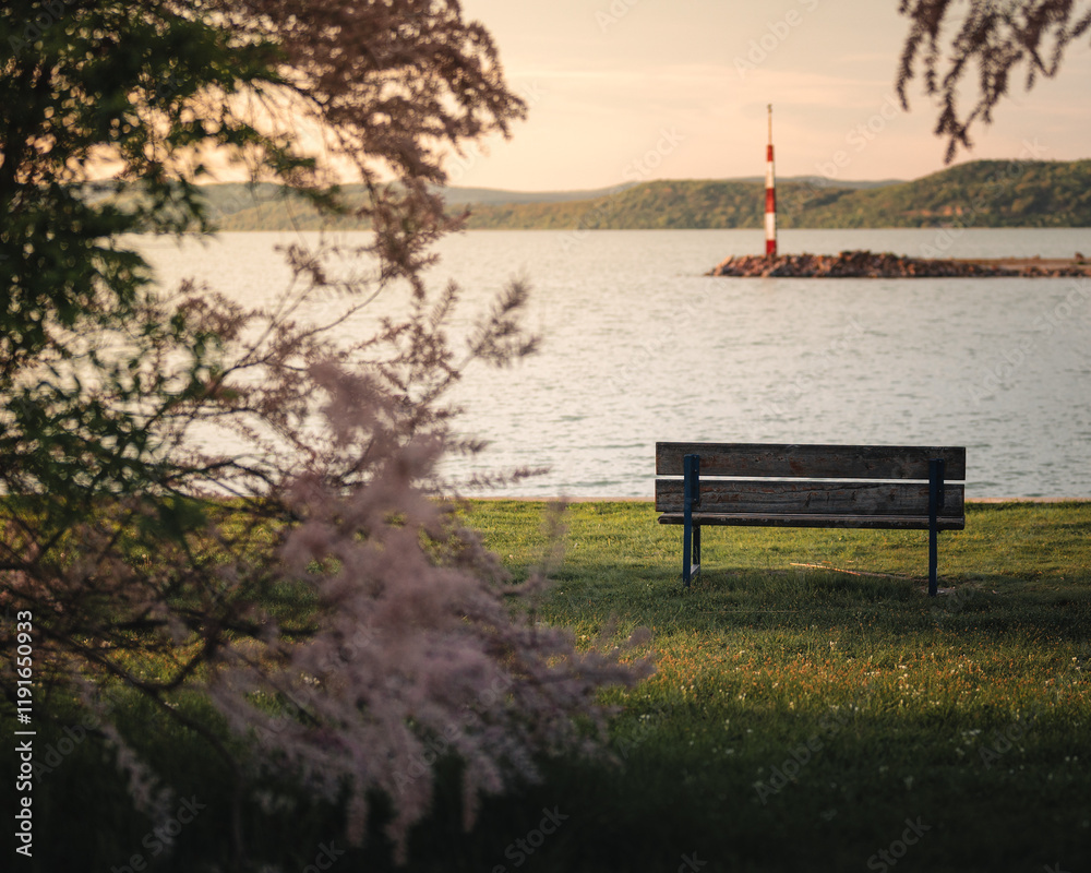View on lake Balaton in spring with bench