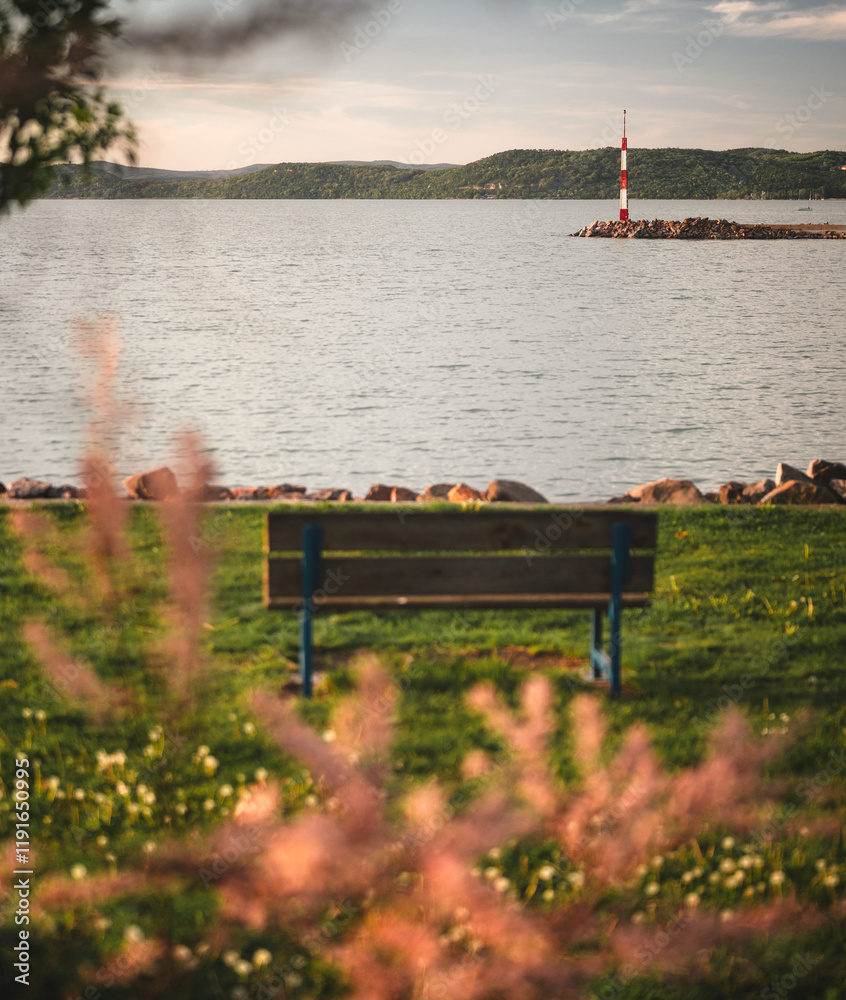 View on lake Balaton in spring with bench