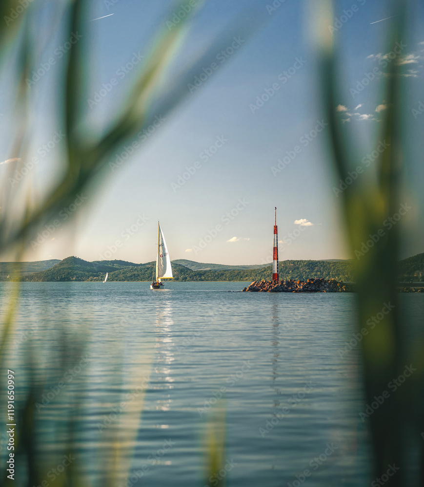 View on lake Balaton in spring with bench