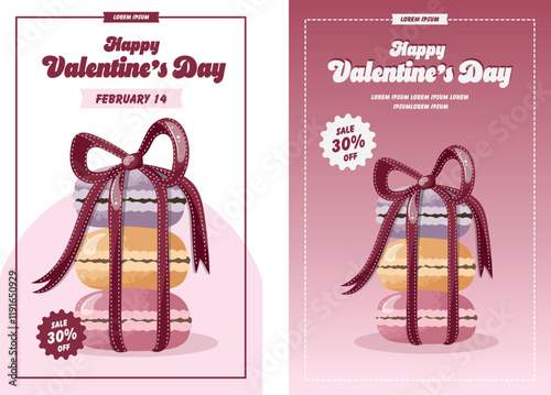 Valentine's Day set cards, macaroons with bow, sweets, cakes, sale banners. Vector illustrations. 14 February concept. 