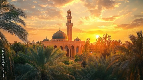 Stunning sunset illuminates a grand mosque surrounded by lush palm trees in a serene landscape photo