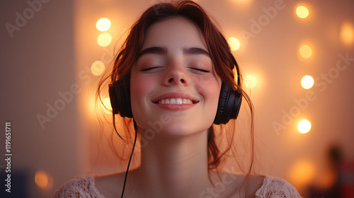 A gorgeous, confident female in a stylish bralet smiles joyfully with headphones on, enjoying music in a vibrant, illuminated studio, surrounded by the energy of a lively evening event, blurred backgr photo