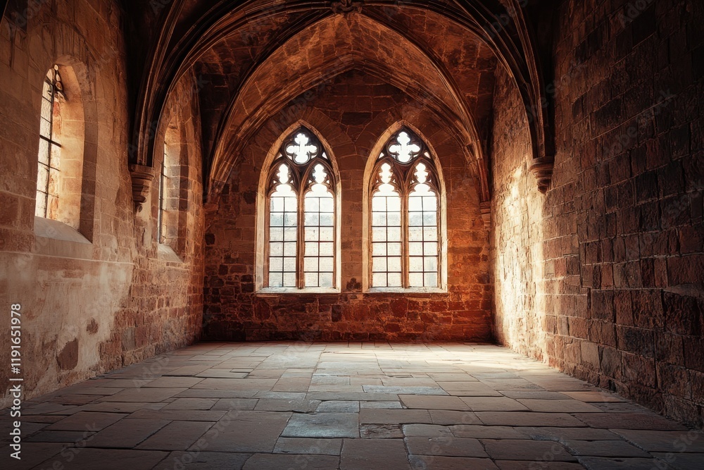Fototapeta premium Historic stone room with gothic windows illuminated by sunlight