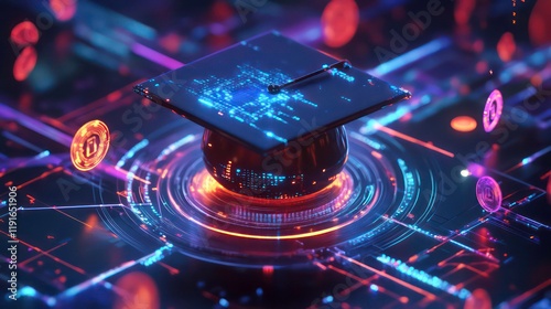 Futuristic graduation cap on digital interface with glowing circuits and coins.
