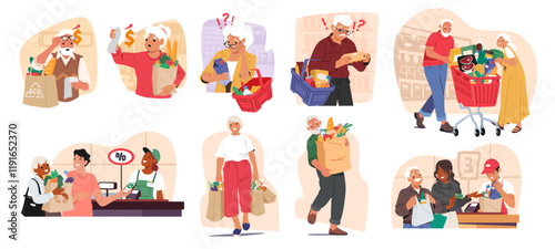 Senior man and elderly woman cartoon characters doing shopping in supermarket isolated set