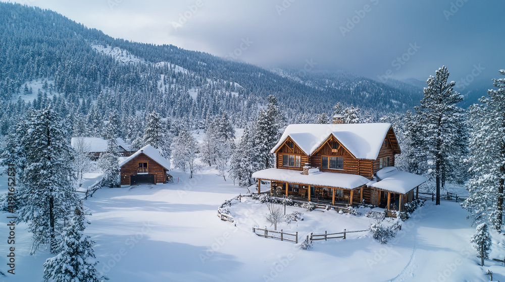 Cozy log cabin in a snowy landscape surrounded by tall trees during winter season Cozy log cabin in a snowy landscape surrounded by tall trees during winter season