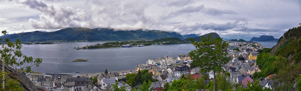 Alesund, Norway. Cityscape image of Alesund from hiking trail above the city, Norway Scandinavia Europe Alesund, Norway. Cityscape image of Alesund from hiking trail above the city, Norway Scandinavia Europe