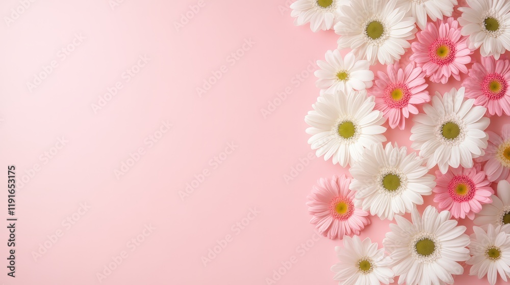 Fototapeta premium Pink and white gerbera daisies are arranged on a pink background, creating a beautiful floral arrangement perfect for valentine's day, mother's day, or spring celebrations