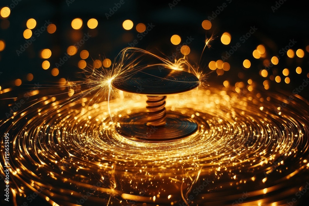 Spinning top, golden sparks, circular light trails. Spinning top, golden sparks, circular light trails.
