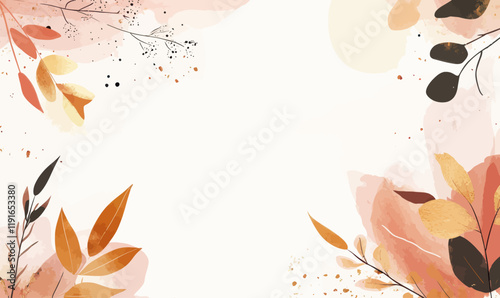 Elegant Autumn Watercolor Background with Gold Highlights and Botanical Leaves
