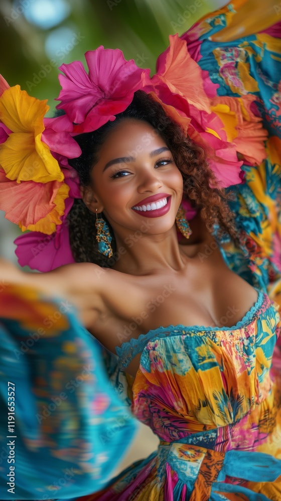 A mestizo zouk dancer in traditional Caribbean attire is full of joy. A female dancer in a carnival costume of turquoise, gold and fuchsia. A mestizo zouk dancer in traditional Caribbean attire is full of joy. A female dancer in a carnival costume of turquoise, gold and fuchsia.