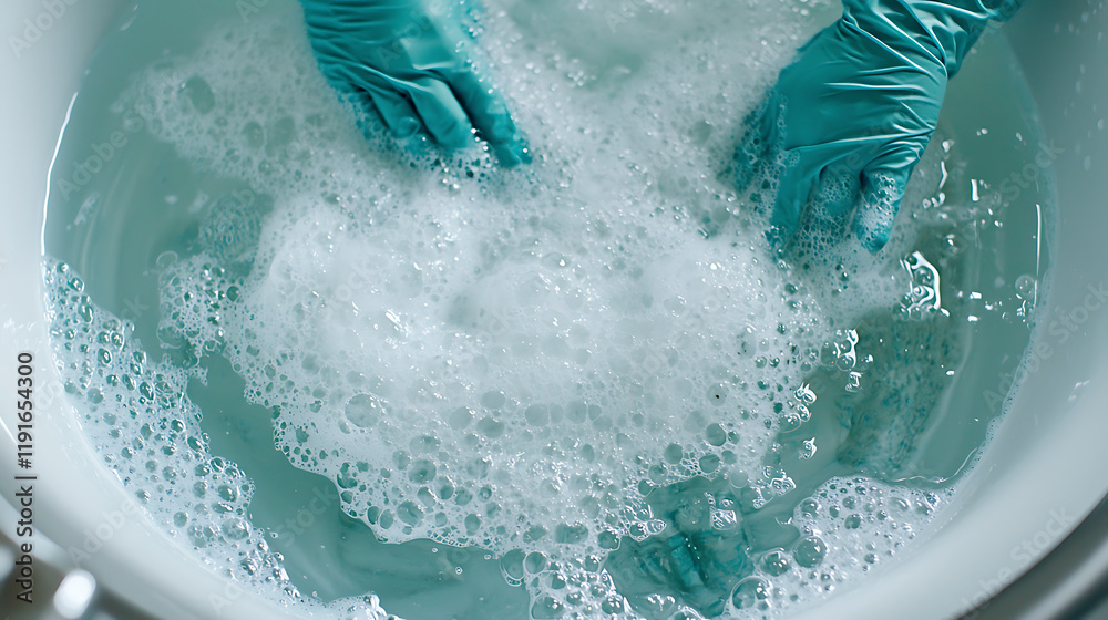 Fototapeta premium top down view of hands in bathtub filled with soapy water, creating bubbles. scene conveys sense of relaxation and cleanliness