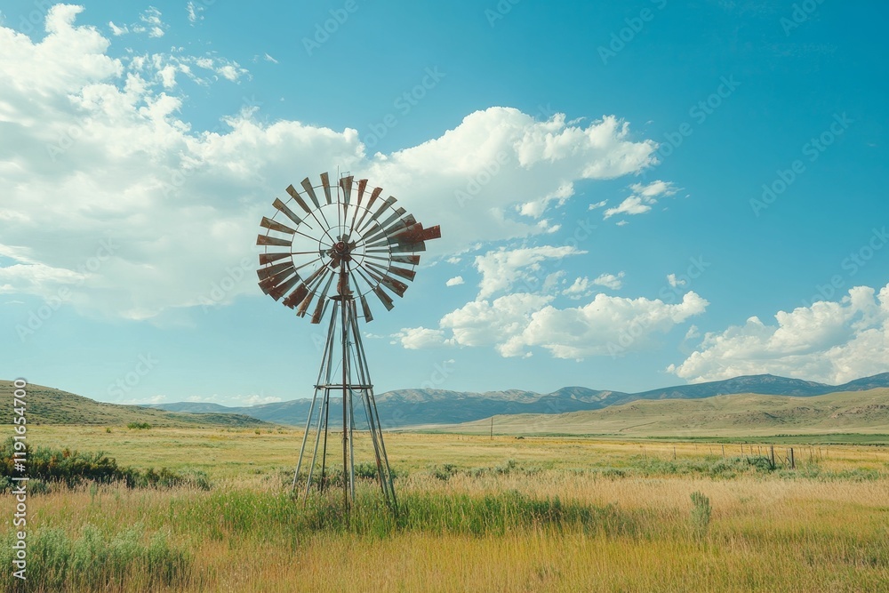 Rusty windmill in grassy field, mountains, blue sky. Rusty windmill in grassy field, mountains, blue sky.