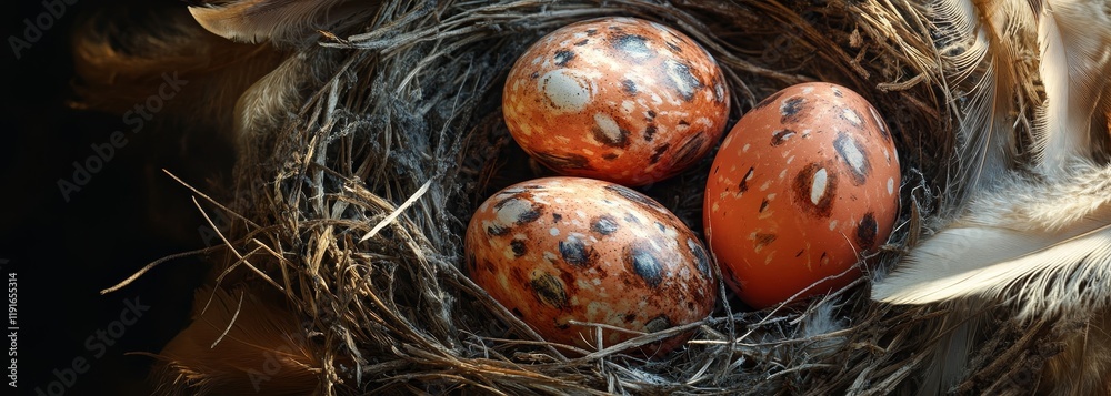 Obraz premium Painted Easter eggs in bird's nest with feathers