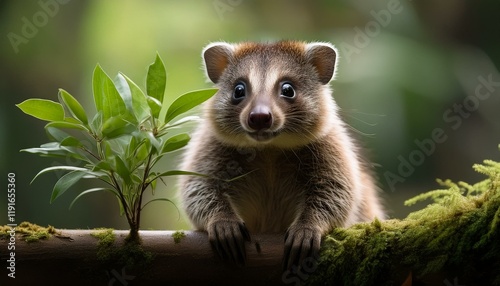 a cute and curious animal holding a plant surrounded by greenery symbolizing nature s beauty and wonder photo