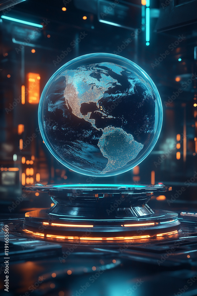 Fototapeta premium Schwebender Globus in futuristischem, technologischem Umfeld