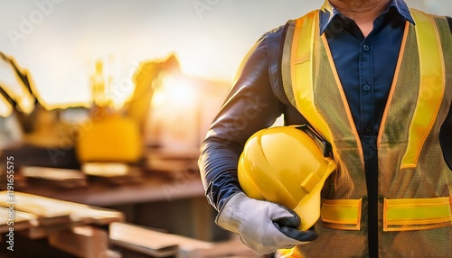 breiter banner zeigt einen gelben helm von einem arbeiter auf der baustelle mit sicherheitshandschuhen bauleiter und arbeitssicherheit bauleiter halt sicherheitshelm mit platz fur text photo