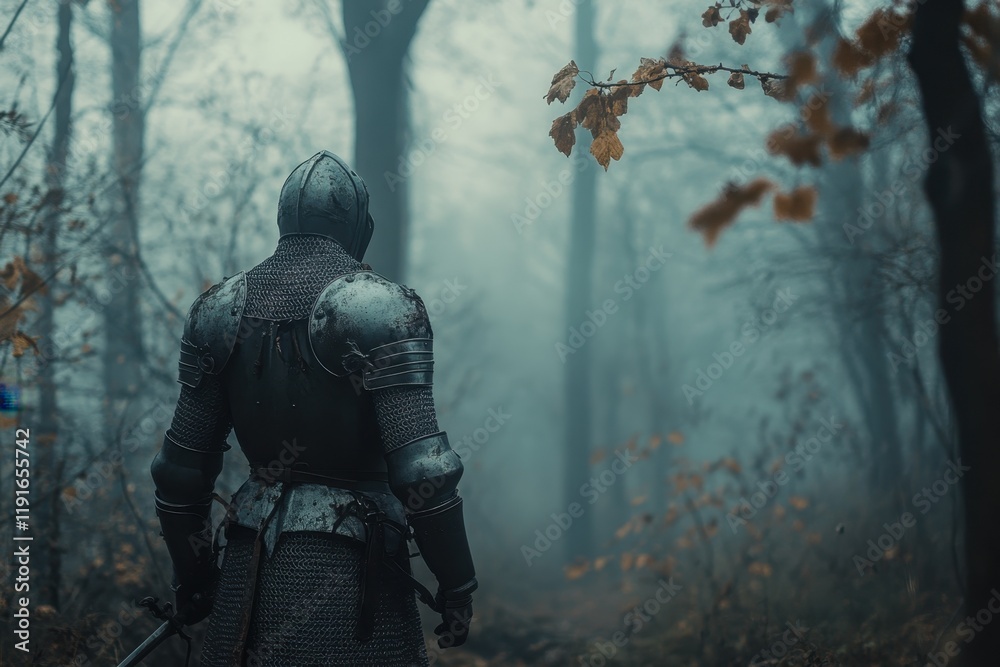Fototapeta premium Knight in armor walking through a foggy forest with autumn leaves on the ground