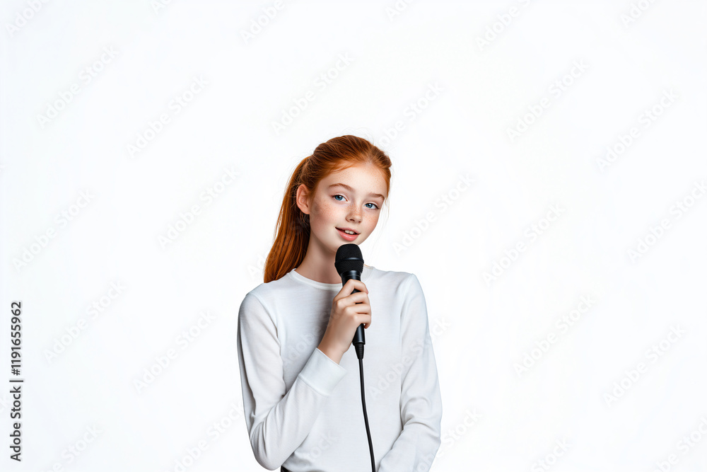 Young pretty redhead girl over isolated white background as a reporter holding a microphone and reporting news Young pretty redhead girl over isolated white background as a reporter holding a microphone and reporting news