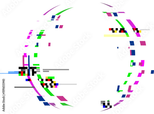 Pixel sorting effect creating colorful abstract circular shapes with glitches and distortions on a clean white background, ideal for digital art, graphic design, and modern technology projects