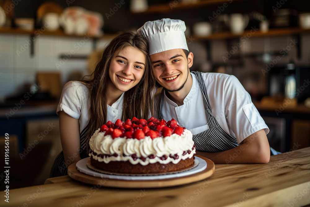 Young caucasian couple at indoors in chef uniform Young caucasian couple at indoors in chef uniform