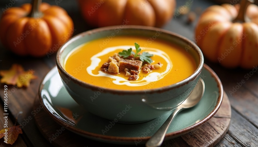 A meticulously styled presentation of Pumpkin Soup A meticulously styled presentation of Pumpkin Soup