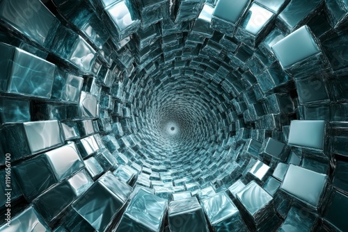 Abstract teal glass cube tunnel swirling inward.