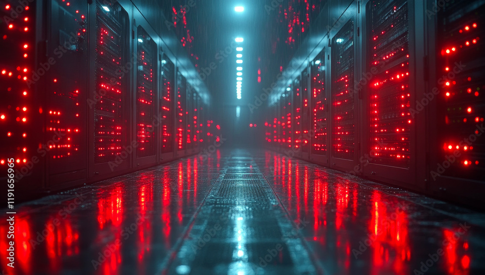 Naklejka premium Red server room with shiny floor. Rows of computer servers illuminated by red lights create a futuristic atmosphere in a high-tech data center.