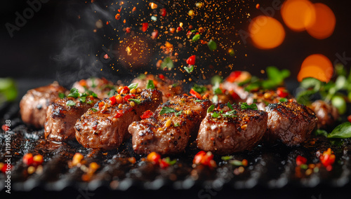 Spiced grilled steak ablaze. Tender steak pieces sizzle on a grill, with colorful spices and herbs adding flavor under warm lighting.