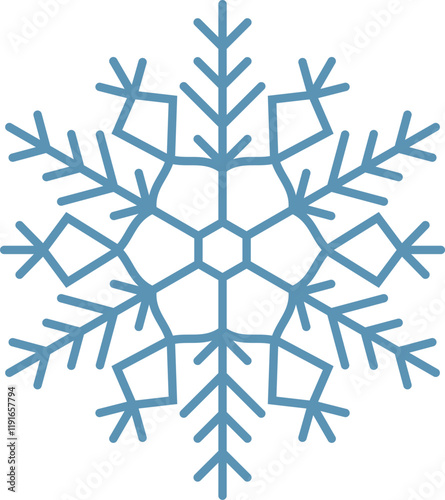 Stylized snowflake with intricate branches and hexagonal center creating a festive and wintery atmosphere, perfect for Christmas or cold weather designs