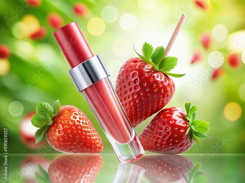 Sheer Red Strawberry Lip Gloss with Applicator - Double Exposure Stock Photo photo