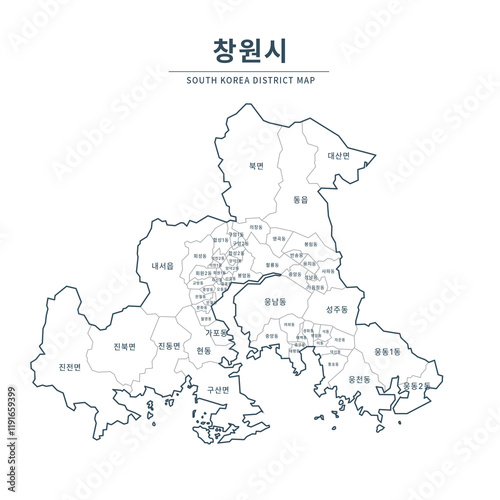 Changwon map. Map of South Korea with Major Cities, Clean Line Design on White Background.
