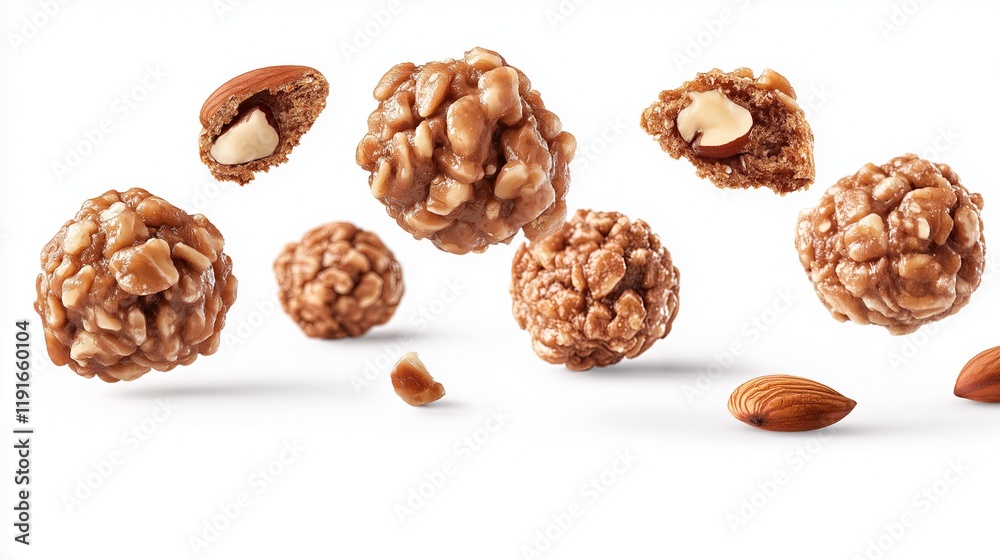 Assorted walnuts and almonds scattered on a white background. Macro shot for food and design Assorted walnuts and almonds scattered on a white background. Macro shot for food and design
