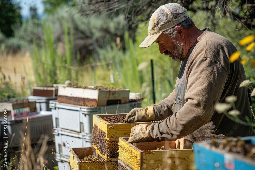 Beekeeper tending to hives surrounded by wildflowers in a lush meadow during a sunny day in summer