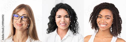 Vászonkép A collection of diverse individuals with highlighted facial points demonstrates facial identification technology