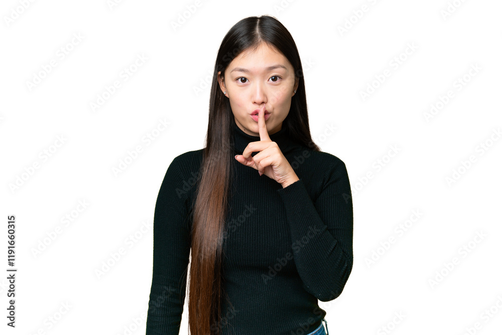 Fototapeta premium Young Asian woman over isolated chroma key background showing a sign of silence gesture putting finger in mouth