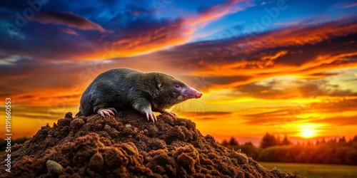 Silhouette of a Mole-like Creature on a Molehill at Sunset photo