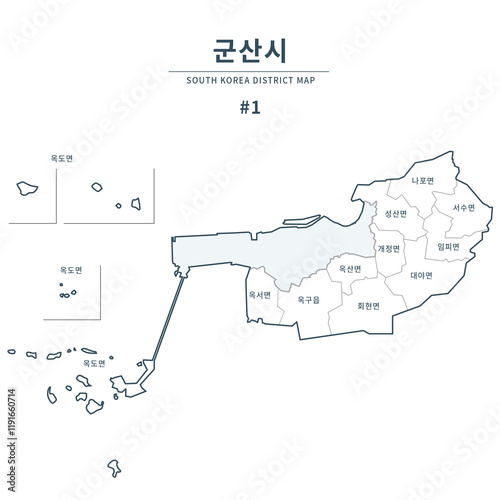Gunsan map. Map of South Korea with Major Cities, Clean Line Design on White Background.

