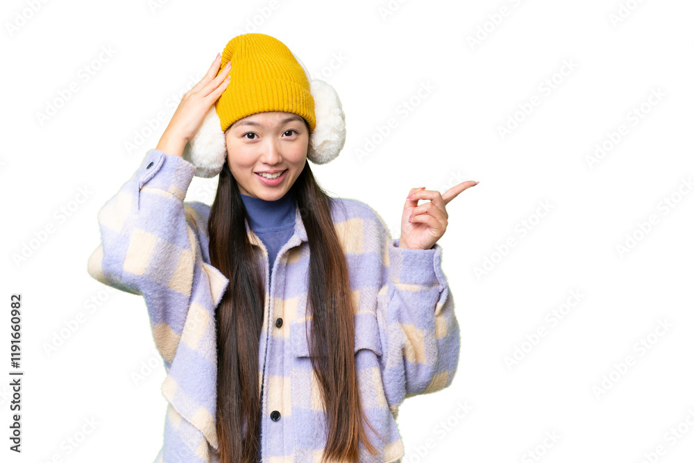 Young Asian woman wearing winter muffs over isolated chroma key background surprised and pointing finger to the side Young Asian woman wearing winter muffs over isolated chroma key background surprised and pointing finger to the side