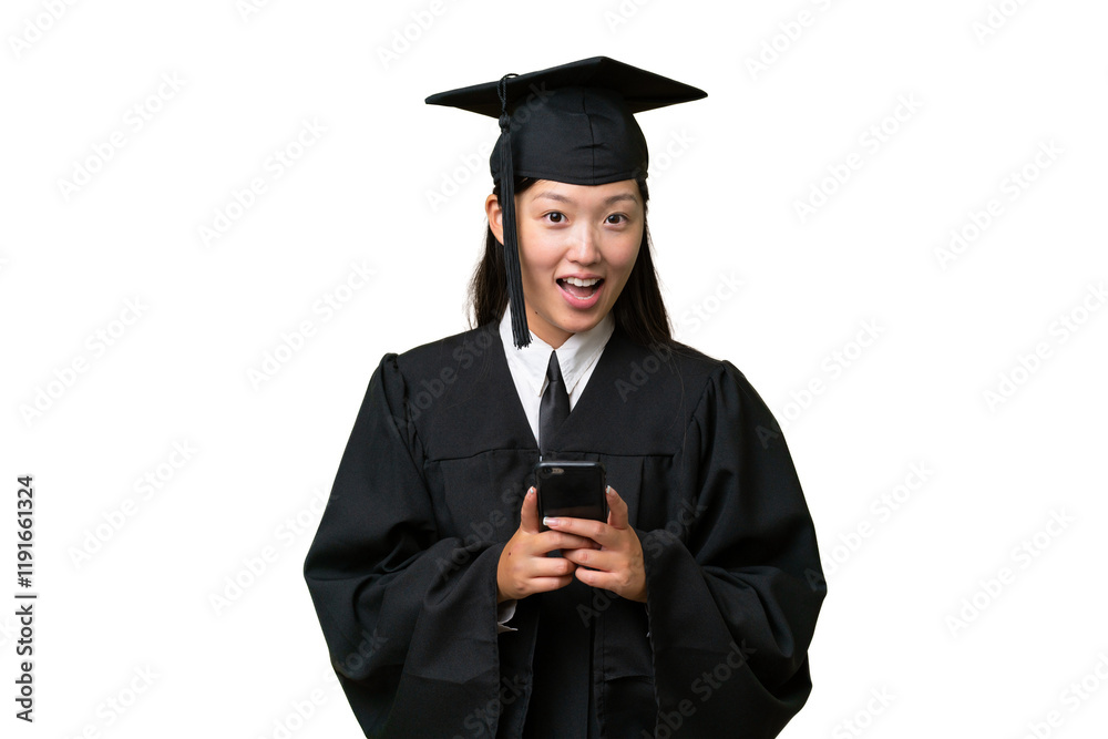 Young university graduate Asian woman over isolated background surprised and sending a message Young university graduate Asian woman over isolated background surprised and sending a message