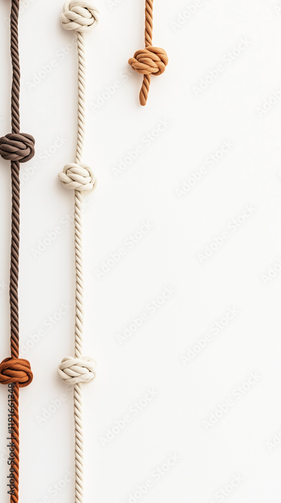 Diverse knotted ropes displaying textures and colors on white background Diverse knotted ropes displaying textures and colors on white background