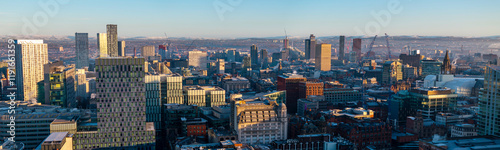 Konstfotografi Panoramic aerial image of frosty Manchester skyline at sunrise.