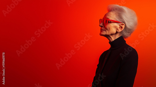 Elegant elderly caucasian female with stylish glasses on gradient red background