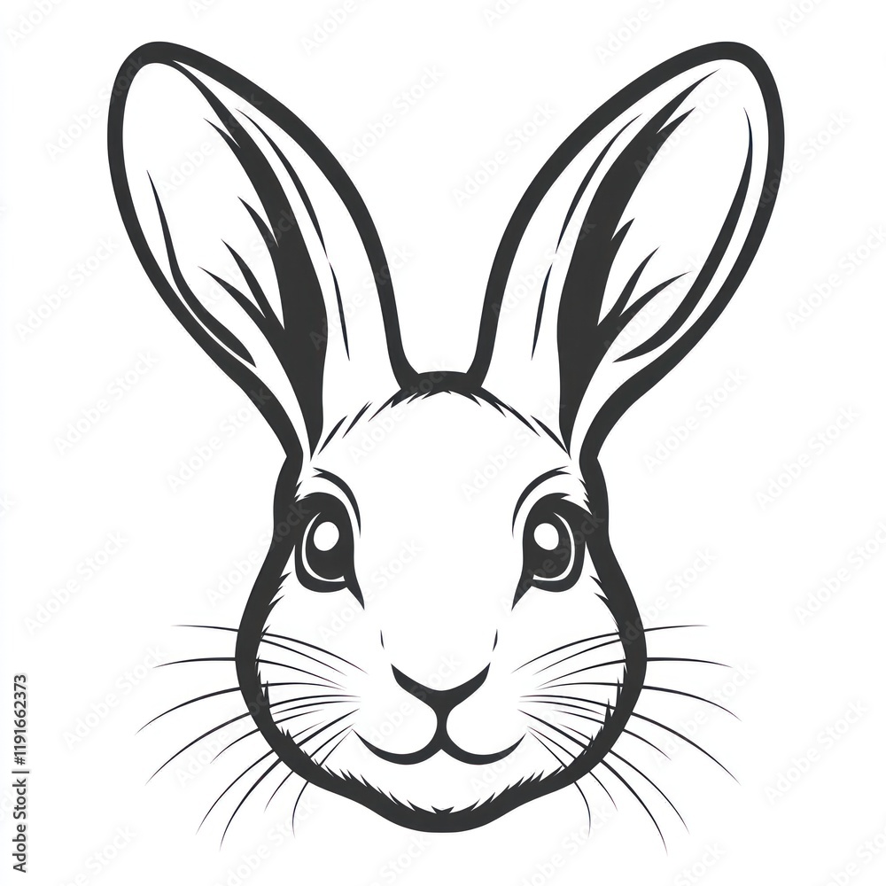 Fototapeta premium Rabbit face illustration, simple line art, white background, design element