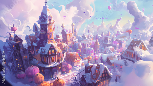 In halloweentown, playful pumpkins, mischievous ghosts, and sugary sweet houses conspire to delight, wrapped in an aura. Moonspire. Illustration
