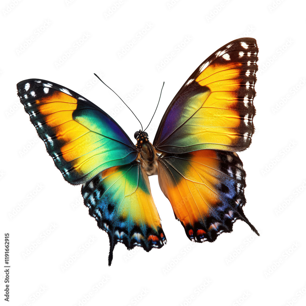 a vividly colored butterfly with a striking blend of orange. blue. and green hues on its wings. set against a plain white background. highlighting its intricate patterns and natural beauty the purpose a vividly colored butterfly with a striking blend of orange. blue. and green hues on its wings. set against a plain white background. highlighting its intricate patterns and natural beauty the purpose